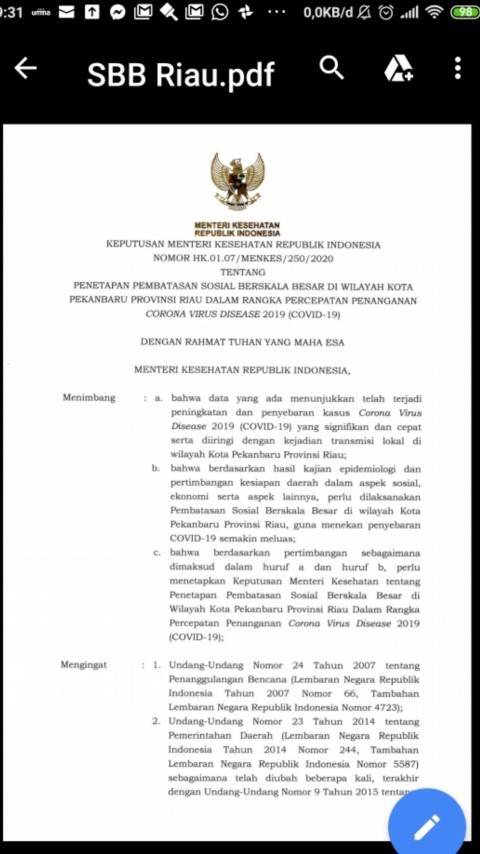 SK Sudah Beredar, Menkes Setujui PSBB Kota Pekanbaru