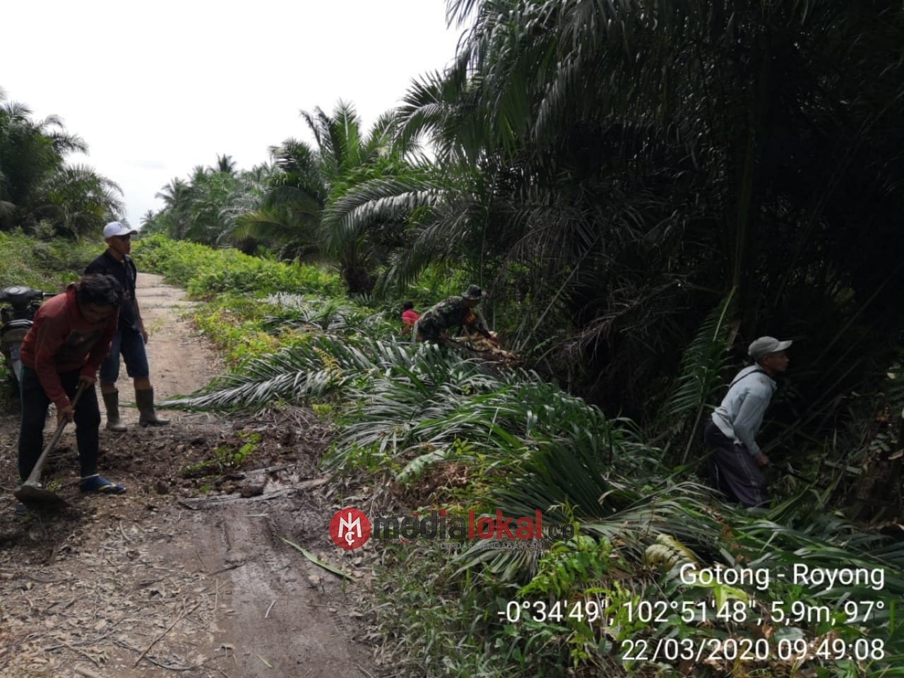 Kompak, Babinsa Koramil 03/Tempuling Goro Bersama Warga Bersihkan Bahu Jalan di Harapan Tani