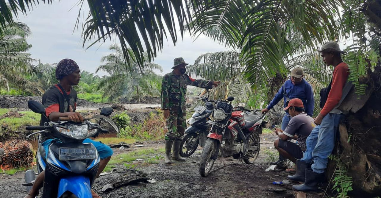 Ingatkan Keselamatan Kerja Dan Sosialisasi Karlahut, Babinsa 03/Tempuling Komsos Dengan Petani Sawit