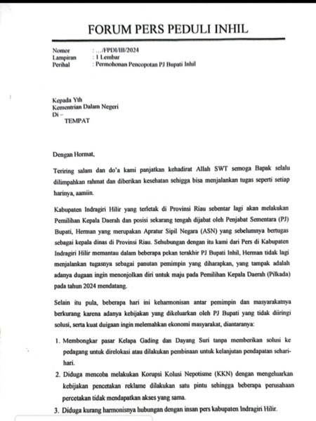 Forum Pers Peduli Inhil Akan Sampaikan Aspirasi Ke Mendagri, Minta Pj Bupati Inhil Di Copot