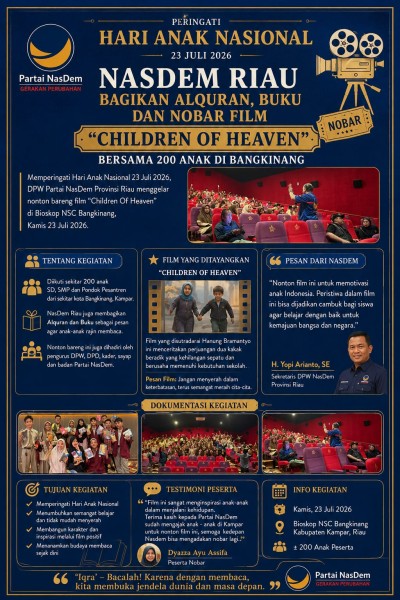 Meriahkan HAN, NasDem Riau Bagikan Alquran, Buku dan Nobar  Film 'Children Of Heaven' Bersama 200 Anak di Bangkinang