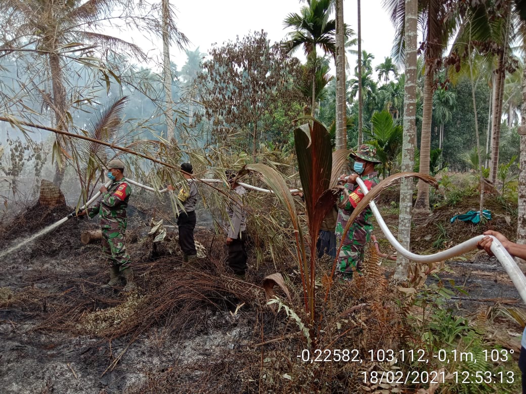 Kebakaran Lahan di Parit 11 Sungai Rawa, Babinsa Bersama Masyarakat Lakukan Pendinginan
