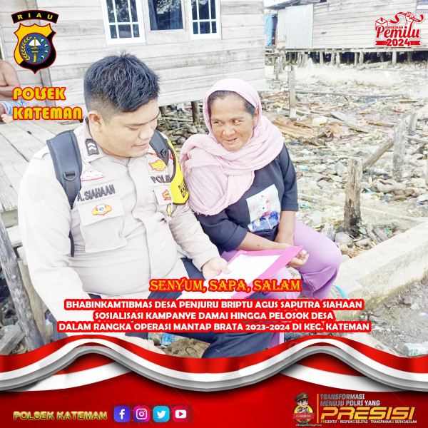Sasar Masyarakat Desa Penjuru, Polsek Kateman melalui Bhabinkamtibmas Desa Penjuru Briptu Agus Saputra Siahaan Sosialisasikan Pemilu Damai 2024