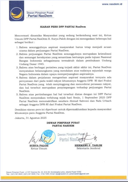 DPP Partai NasDem Keluarkan Maklumat Menyikapi Kondisi Kekinian
