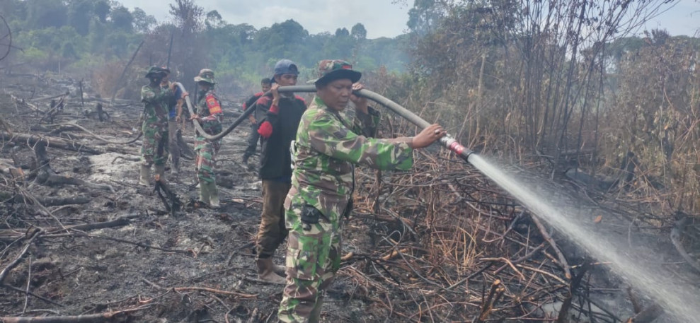 Kekompakan Anggota Koramil 03/Tpl Dan Tim Gabungan Padamkan Karhutla