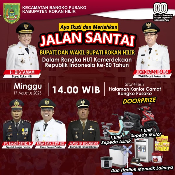 Meriahkam HUT RI ke 80, Camat Bangko Pusako Gelar Jalan Santai Bupati dan Wakil Bupati Rohil: Berhadiah Motor