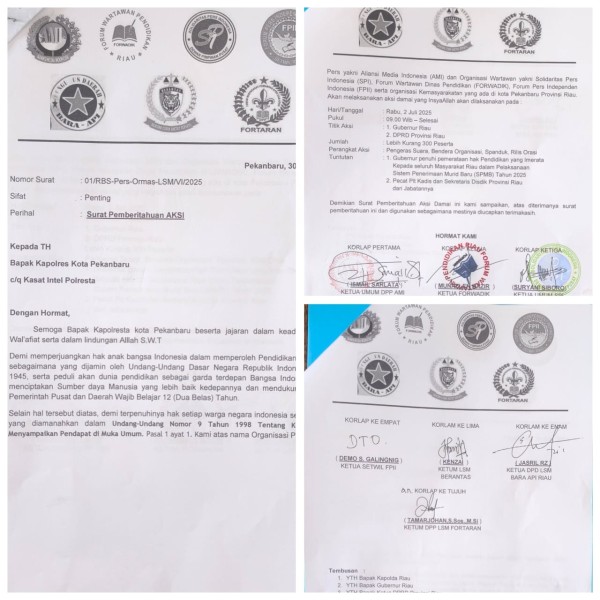 Tiga Organisasi Pers di Riau Akan Gelar Aksi Damai Tuntut Realisasi Janji Kampanye Gubri dan Segera Non Aktifkan Plt Kadisdik dan Sekretaris Disdik Tiga Organisasi Pers di Riau Akan Gelar Aksi Damai Tuntut Realisasi Janji Kampanye Gubri dan Segera Non Aktifkan Plt Kadisdik dan Sekretaris Disdik