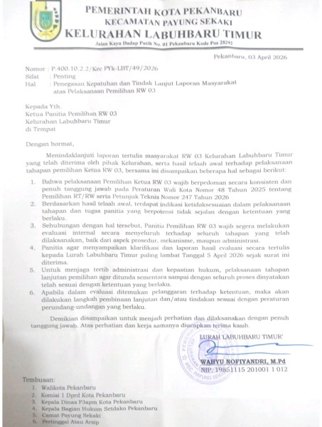 Pemilihan RW 03 Labuh Baru Timur Ditunda, Lurah Tegaskan Harus Sesuai Perwako