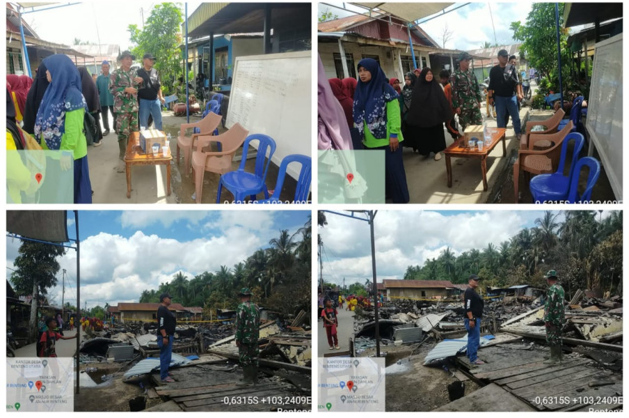 Pasca Kebakaran, Babinsa Koramil 07/Reteh Bersama Kapolsek Sungai Batang Tinjau Langsung Ke Lokasi Kebakaran