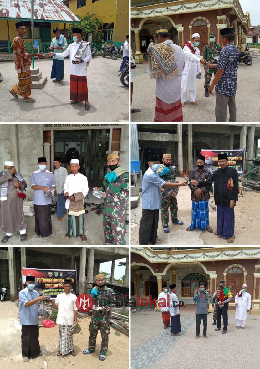 Bersama Camat, Koramil 05/GAS Bagikan Masker di Dua Mesjid Kelurahan Teluk Pinang