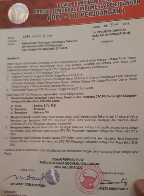 Beredar Surat Pergantian Ketua DPC PDI P Inhil yang Ditandatangani Buk Mega, Samino Jadi Ketua