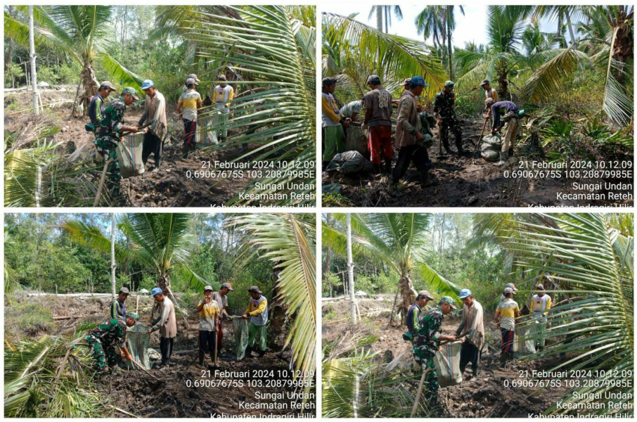Giat Goro, Babinsa Koramil 07/Reteh Bersama Masyarakat Bantu Perbaiki Tanggul Yang Jebol