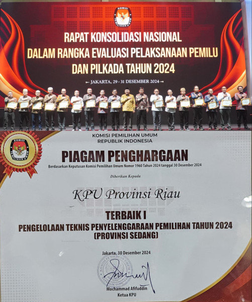 KPU Riau Terbaik Pertama Penyelenggaraan Pemilu 2024 se-Indonesia