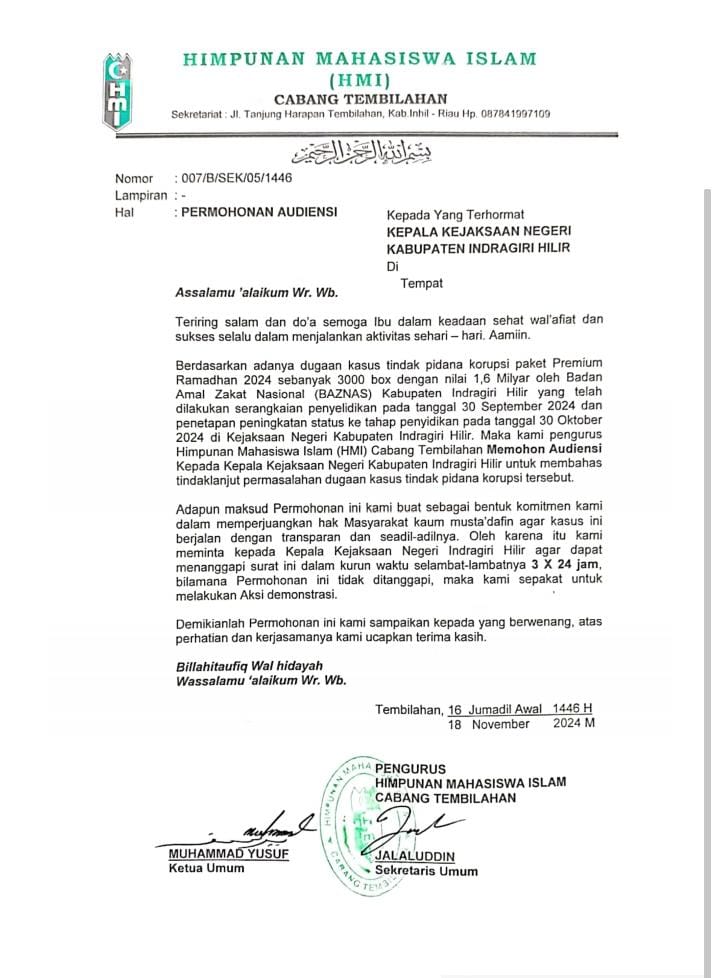 HMI Cabang Tembilahan Ajukan Audiensi ke Kejari Inhil Terkait Dugaan Korupsi BAZNAS Program Paket Premium Ramadhan 2024