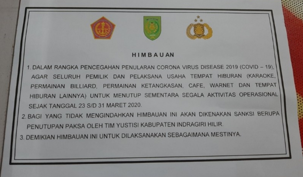 Antisipasi Penyebaran Corona, Cafe dan Tempat Hiburan Lainnya di Tembilahan Tutup 