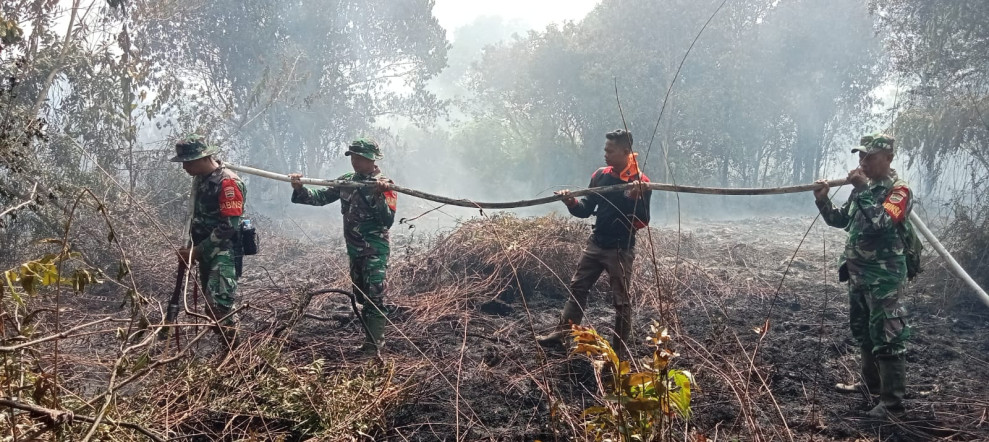 Anggota Koramil 05/Gas Kodim 0314/Inhil Bersama Tim Gabungan Melaksanakan Pendinginan Lahan Kebakaran