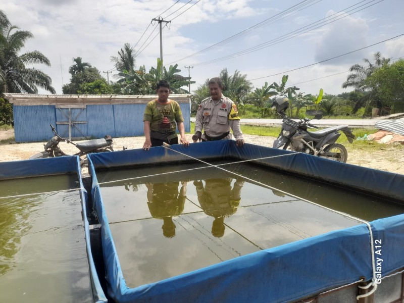 Dukung Ketahanan Pangan, Bhabinkamtibmas Desa Pengalihan Sambangi Kolam Ikan Warga