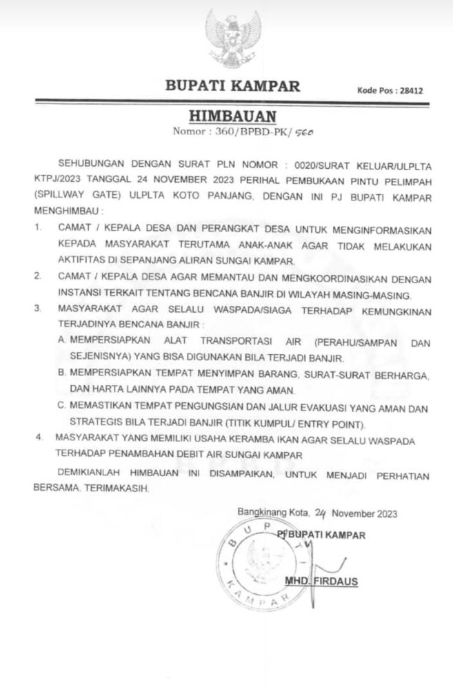 Tingginya Intensitas Hujan di Waduk PLTA Koto Panjang, Pj Bupati Kampar Keluarkan Surat Himbauan
