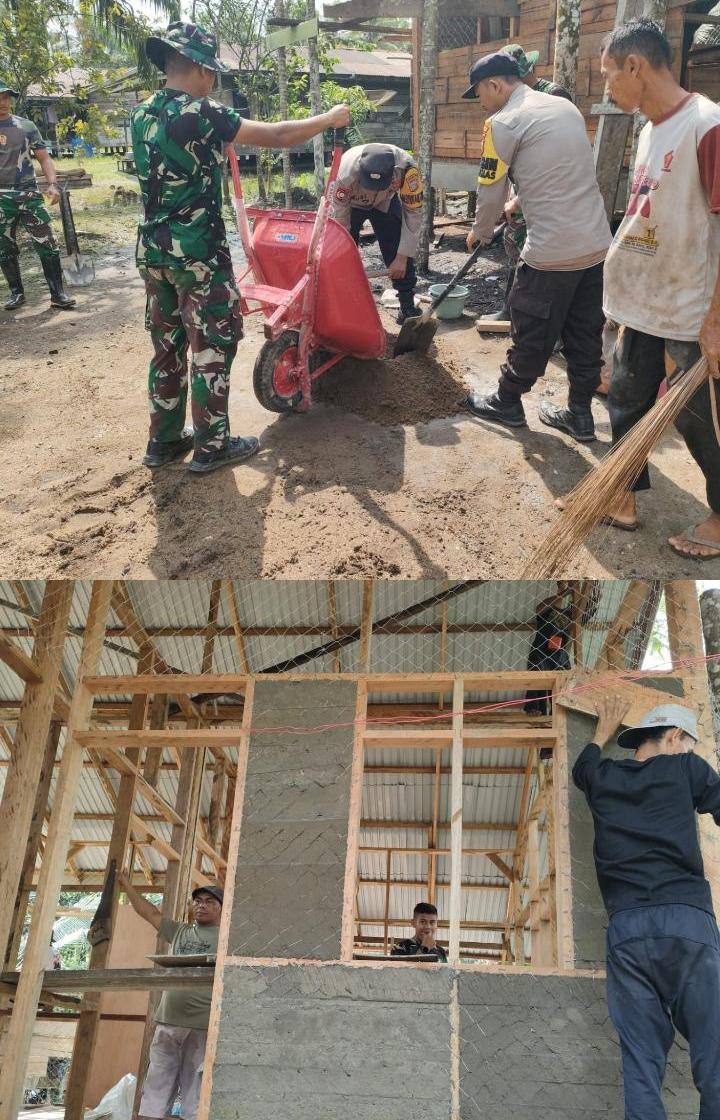 Gerak Cepat, Anggota Satgas TMMD 123 Kodim 0314/Inhil Goro Plester Dinding RTLH