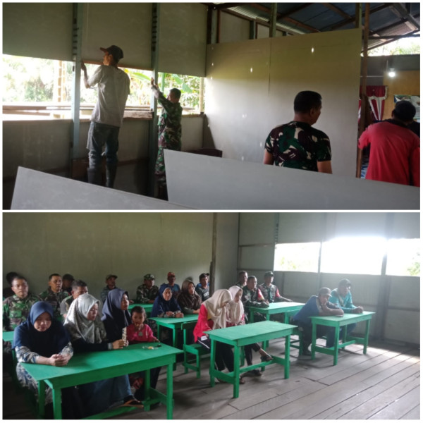 Anggota Koramil 03/Tpl Bersama Warga Kerja Bakti Renovasi Sekolah