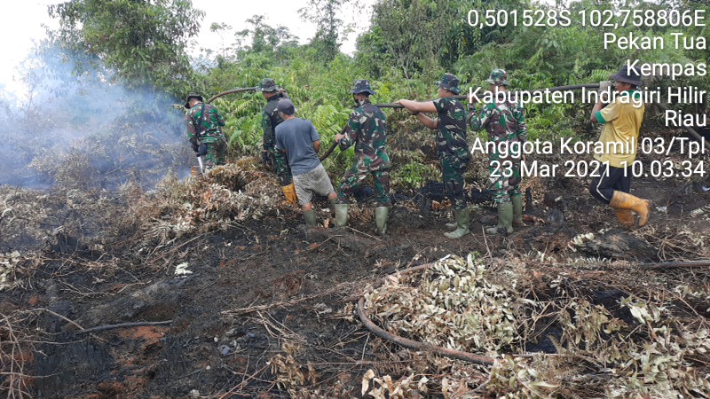 Koramil 03/Tempiling Bersama Tim Gabungan Terus Berjibaku Lakukan Pendingan Karlahut Di Desa Pekan T