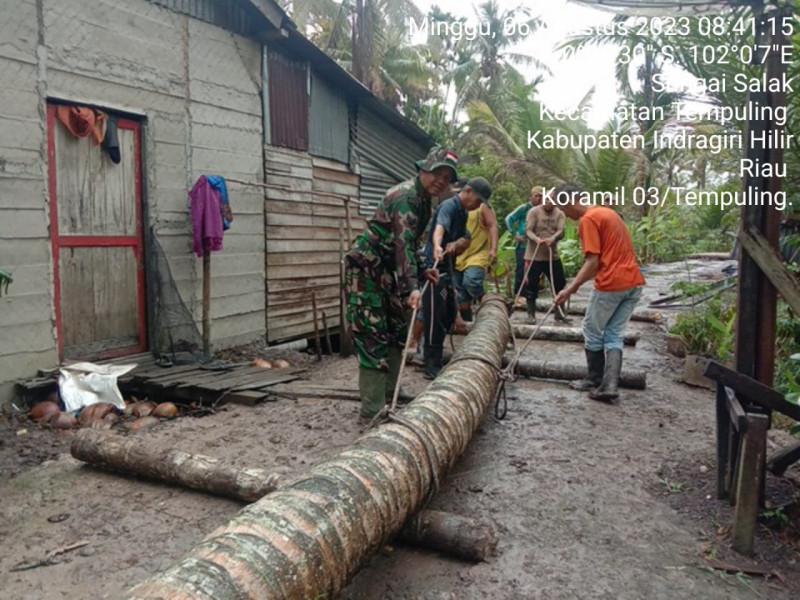 Babinsa Koramil 03/Tpl Karya Bakti Bersama Masyarakat Bangun Jembatan Dari Batang Kelapa