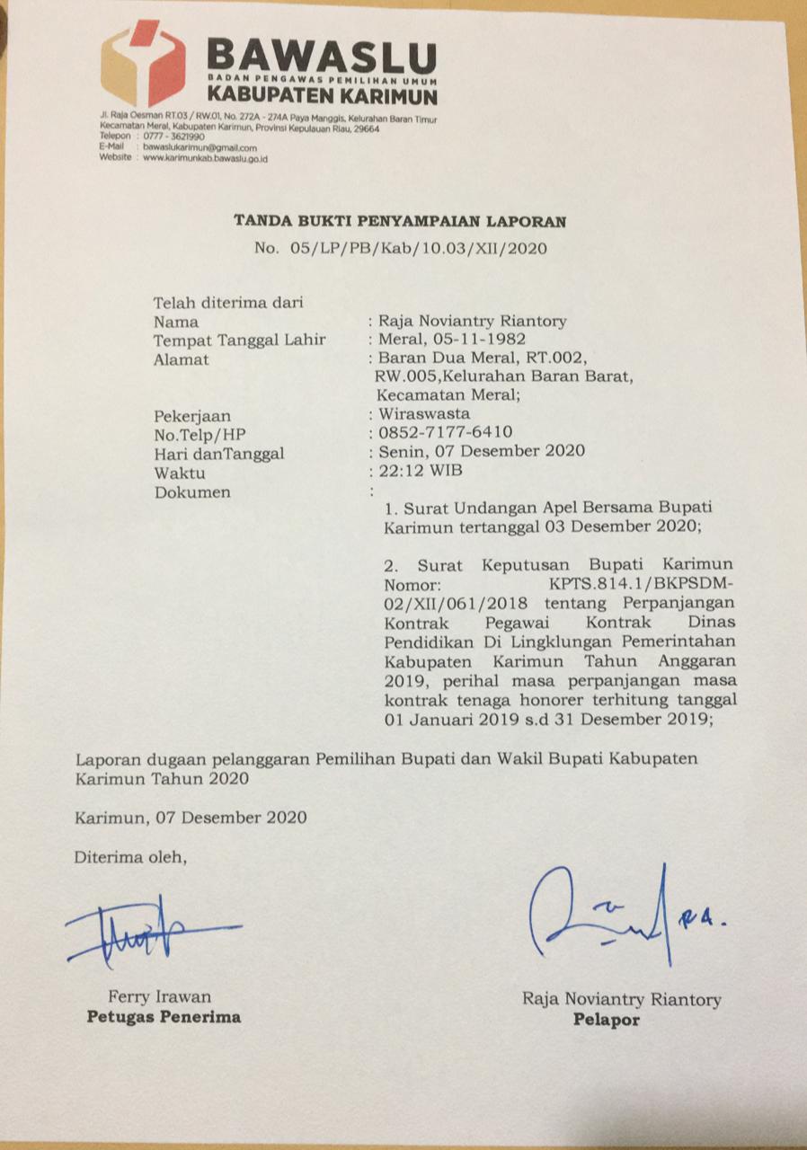 Dugaan Pelanggaran Pemilu Terkait Surat Apel SKPD dan Tenaga Kontrak Pemkab Karimun