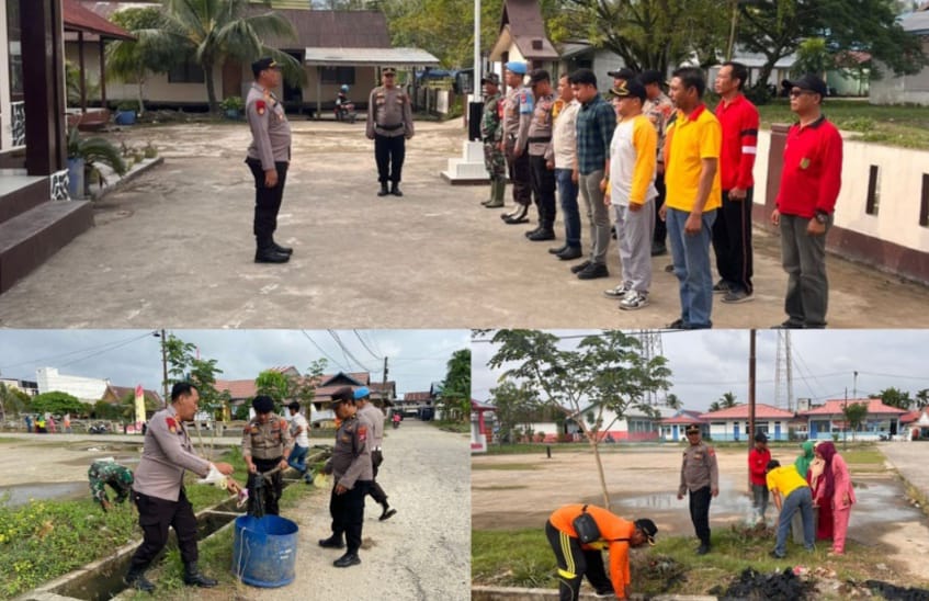 Personil Polsek Gas dan forkopincam Serta Masyarakat lakukan Gotong Royong di Kelurahan Teluk Pinang