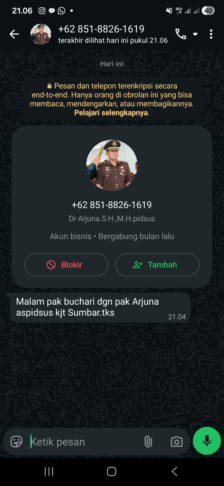 Nomor WhatsApp Mengaku Aspidsus Kejati Sumbar Minta Uang Perkara Itu Penipuan