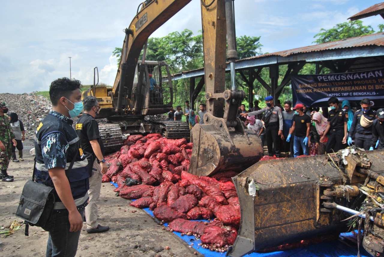 Sebanyak 1.155 Karung Bawang Merah Ilegal Dimusnahkan Di TPA Bengkalis